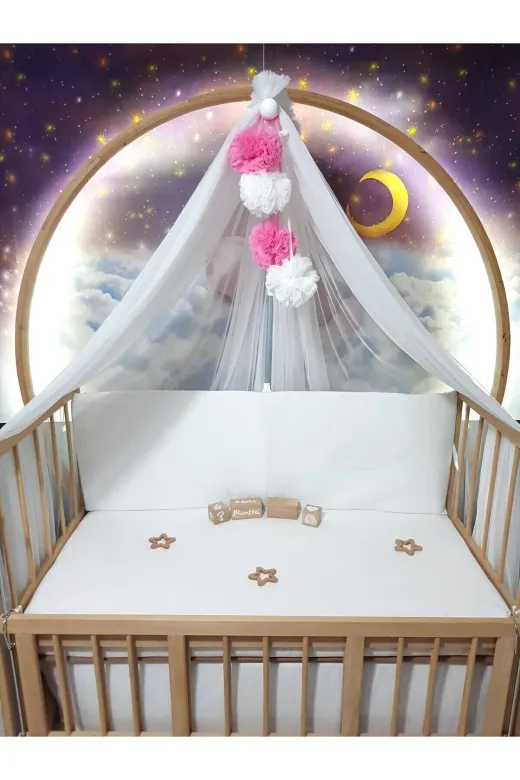 Baby Clime LÜKSCİB-BEYAZ Bebek Lüks Cibinlik Takımı - Beyaz Ve Koyu Pembe Dört Ponponlu - 6 Metre Likra Tül (Aparat Dahil)