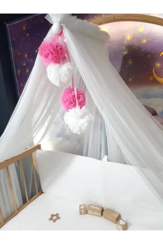 Baby Clime LÜKSCİB-BEYAZ Bebek Lüks Cibinlik Takımı - Beyaz Ve Koyu Pembe Dört Ponponlu - 6 Metre Likra Tül (Aparat Dahil)