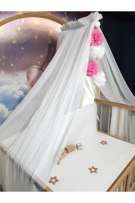 Baby Clime LÜKSCİB-BEYAZ Bebek Lüks Cibinlik Takımı - Beyaz Ve Koyu Pembe Dört Ponponlu - 6 Metre Likra Tül (Aparat Dahil)