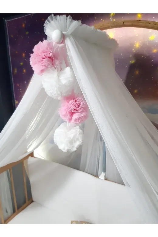Baby Clime LÜKSCİB-BEYAZ Bebek Lüks Cibinlik Takımı - Beyaz Ve Açık Pembe Dört Ponponlu - 6 Metre Likra Tül (Aparat Dahil)