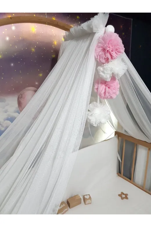 Baby Clime LÜKSCİB-BEYAZ Bebek Lüks Cibinlik Takımı - Beyaz Ve Açık Pembe Dört Ponponlu - 6 Metre Likra Tül (Aparat Dahil)