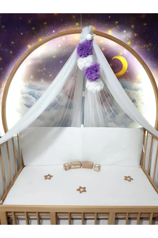 Baby Clime LÜKSCİB-BEYAZ Bebek Lüks Cibinlik Takımı - Beyaz Ve Lila Dört Ponponlu - 6 Metre Likra Tül (Aparat Dahil)