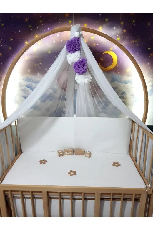 Baby Clime LÜKSCİB-BEYAZ Bebek Lüks Cibinlik Takımı - Beyaz Ve Lila Dört Ponponlu - 6 Metre Likra Tül (Aparat Dahil)