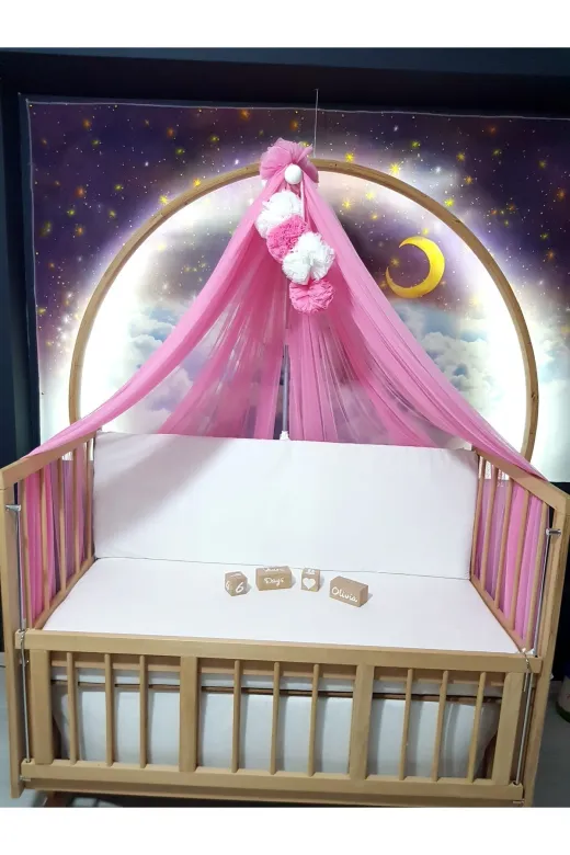 Baby Clime LÜKSCİB-RENK Bebek Lüks Cibinlik Takımı - Koyu Pembe Ve Beyaz Dört Ponponlu - 6 Metre Likra Tül (Aparat Dahil)