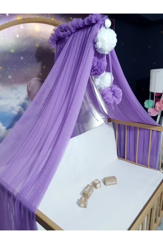 Baby Clime LÜKSCİB-RENK Bebek Lüks Cibinlik Takımı - Lila Ve Beyaz Dört Ponponlu - 6 Metre Likra Tül (Aparat Dahil)