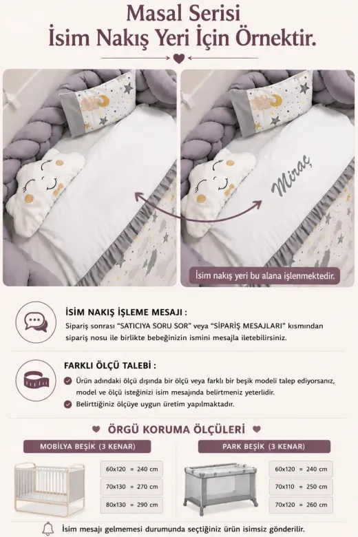 Baby Clime MASAL-1. 80X130 Masal Serisi Örgülü Bebek Uyku Seti - İsim Nakışlı Bej Fırfırlı Nevresim
