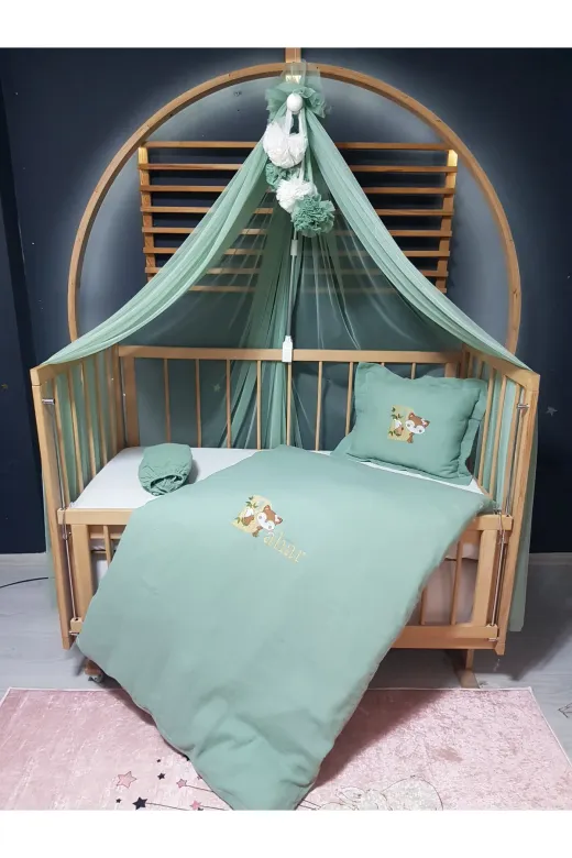 Baby Clime USMÜS-80120-LCİB-1. Nakışlı Müslin Uyku Seti - 80X120 Cm Yorgan Kılıflı, Ponponlu Cibinlik Tülü Ve Aparatlı