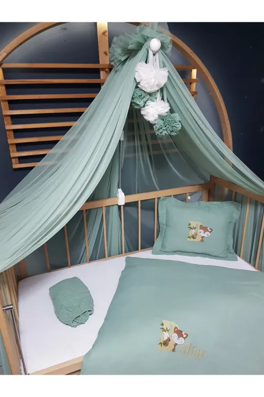 Baby Clime USMÜS-80120-LCİB-1. Nakışlı Müslin Uyku Seti - 80X120 Cm Yorgan Kılıflı, Ponponlu Cibinlik Tülü Ve Aparatlı