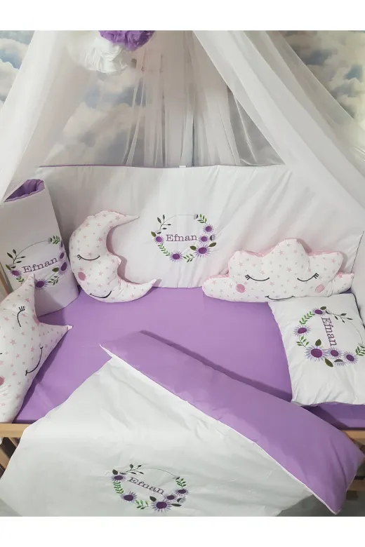 Baby Clime USN-60120-LCİB-3. 60X120 Nakışlı Isimli Bebek Uyku Seti 17 Parça - Lüks Cibinlik Ve Aparat - Çiçek