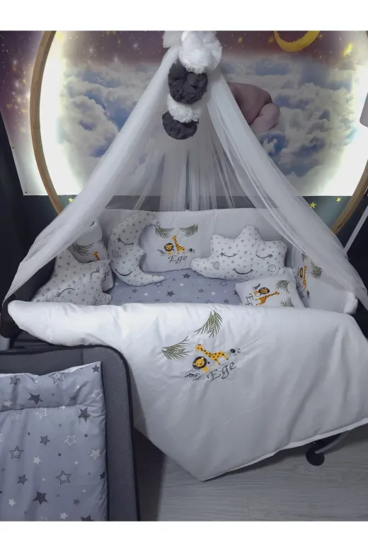 Baby Clime USN-70110-LCİB-3. 70X110 Nakışlı Isimli Bebek Uyku Seti 18 Parça - Lüks Cibinlik Ve Aparat - Safari