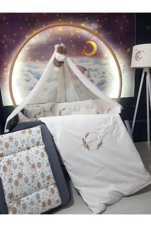 Baby Clime USN-70110-LCİB-3. 70X110 Nakışlı Isimli Bebek Uyku Seti 18 Parça - Lüks Cibinlik Ve Aparat - Başak Yaprak