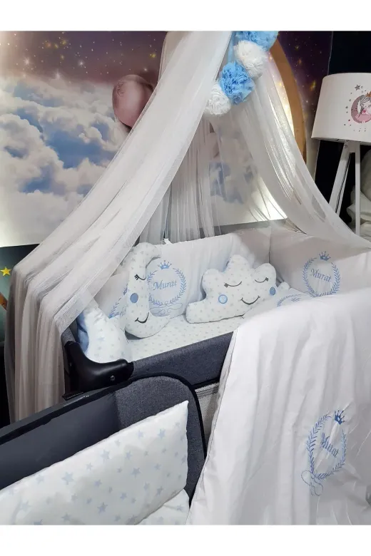 Baby Clime USN-70120-LCİB-1. 70X120 Nakışlı Bebek Uyku Seti Isimli - Lüks Cibinlik Ve Aparat - Başak Taç Motifi