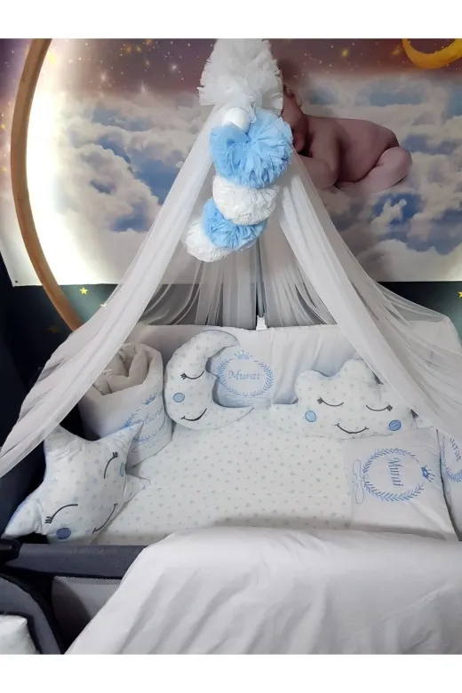 Baby Clime USN-70120-LCİB-1. 70X120 Nakışlı Bebek Uyku Seti Isimli - Lüks Cibinlik Ve Aparat - Başak Taç Motifi