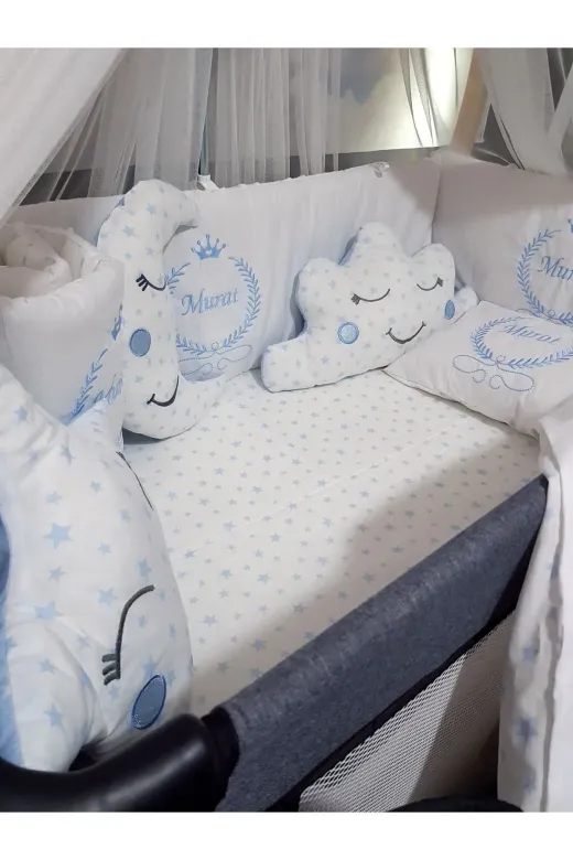 Baby Clime USN-70120-LCİB-1. 70X120 Nakışlı Bebek Uyku Seti Isimli - Lüks Cibinlik Ve Aparat - Başak Taç Motifi