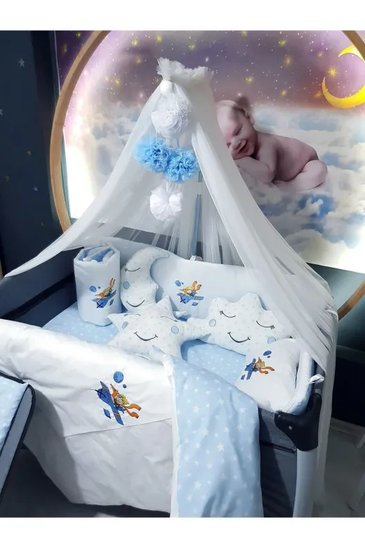 Baby Clime USN-70120-LCİB-1. 70X120 Nakışlı Bebek Uyku Seti Isimli - Lüks Cibinlik Ve Aparat - Çocuk Pilot Ve Uçak Motifli