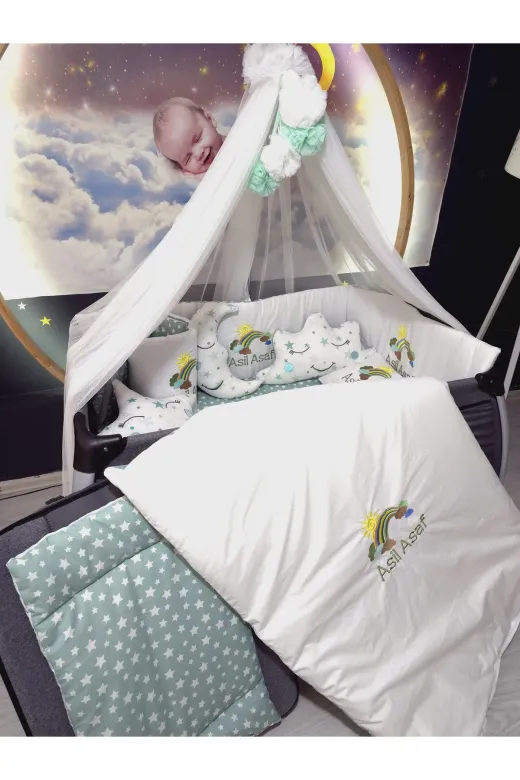 Baby Clime USN-70120-LCİB-2. 70X120 Isim Nakışlı Bebek Uyku Seti - Lüks Cibinlik Ve Aparat Dahil - Gökkuşağı Motifi