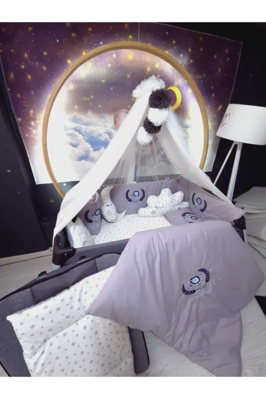 Baby Clime USN-70120-LCİB-2. 70X120 Isim Nakışlı Bebek Uyku Seti - Lüks Cibinlik Ve Aparat Dahil - Başak Aslan Motifli