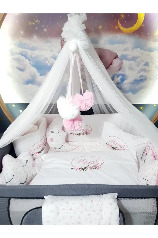 Baby Clime USN-70120-LCİB-2. 70X120 Nakışlı Bebek Uyku Seti Isimli - Lüks Cibinlik Ve Aparat - Çiçek Fiyonk Motifli