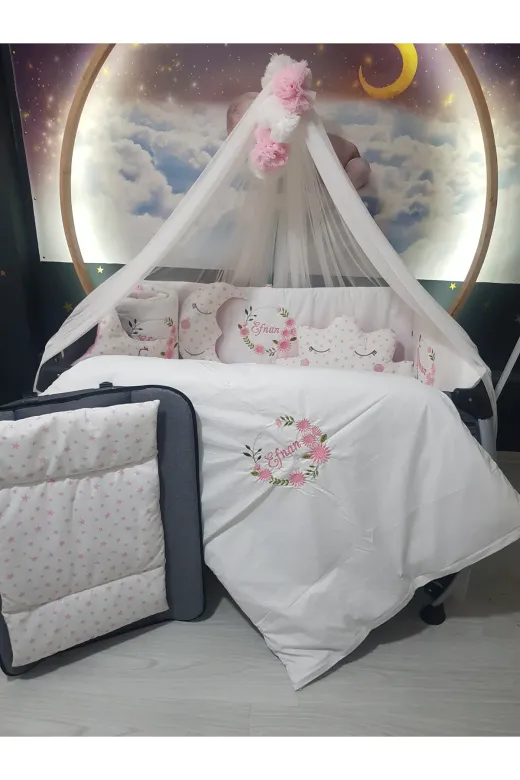 Baby Clime USN-70120-LCİB-2. 70X120 Nakışlı Isimli Bebek Uyku Seti 18 Parça - Lüks Cibinlik Ve Aparat - Çiçek
