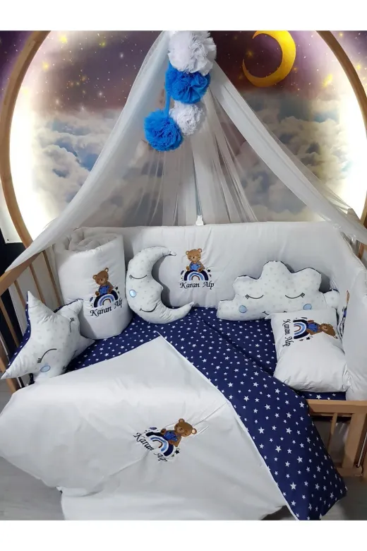 Baby Clime USN-70130-LCİB-1. 70X130 Isim Nakışlı Bebek Uyku Seti - Lüks Cibinlik Turkuaz Ponponlu - Gökkuşağı Ayıcık Motifi