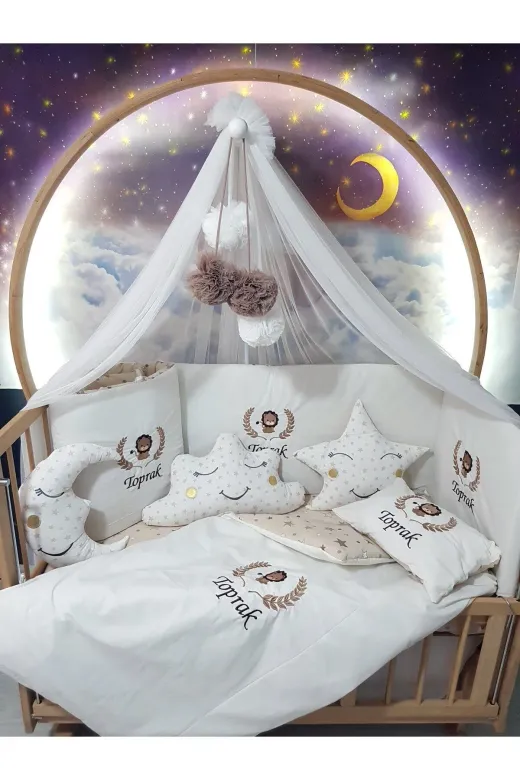 Baby Clime USN-70130-LCİB-1. 70X130 Nakışlı Bebek Uyku Seti Isimli - Lüks Cibinlik Ve Aparat - Aslan Başak Motifi