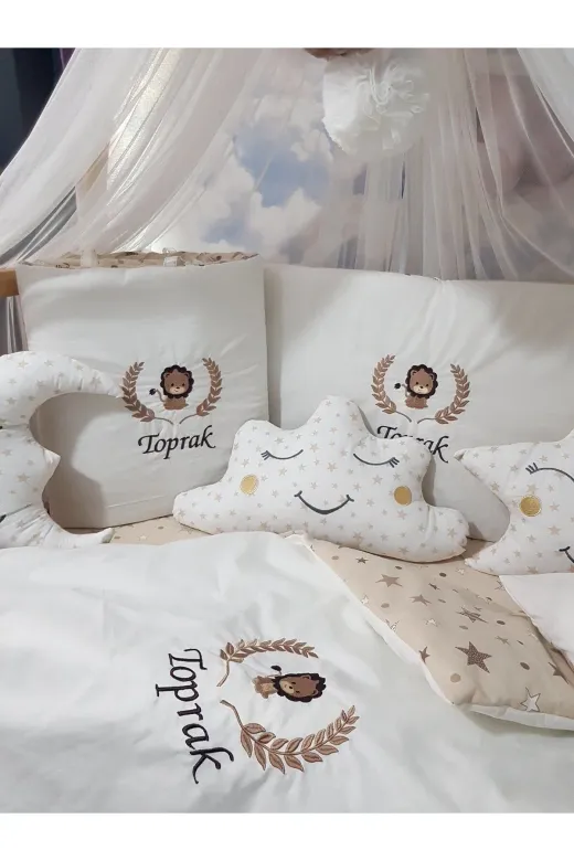Baby Clime USN-70130-LCİB-1. 70X130 Nakışlı Bebek Uyku Seti Isimli - Lüks Cibinlik Ve Aparat - Aslan Başak Motifi