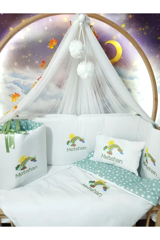 Baby Clime USNG-60120-LCİB 60X120 Nakışlı Bebek Uyku Seti Isimli - Lüks Cibinlik Ve Aparatı - Gökkuşağı Motifli