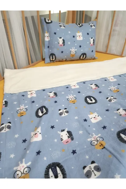 Baby Clime USP-90120-4LÜ 90X120 Pazen Uyku Seti 4'lü - Mavi Hardal (Yumuşacik Bebek Battaniyesi, Çarşaf Ve Kilifli Yastik)