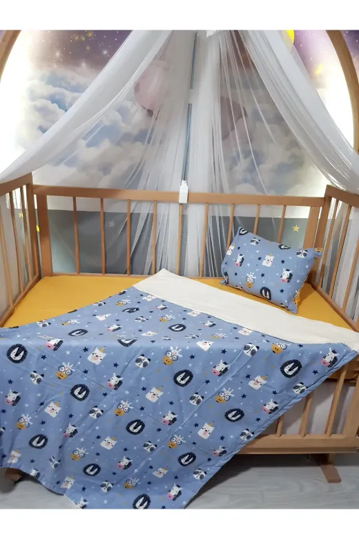 Baby Clime USP-90120-4LÜ 90X120 Pazen Uyku Seti 4'lü - Mavi Hardal (Yumuşacik Bebek Battaniyesi, Çarşaf Ve Kilifli Yastik)