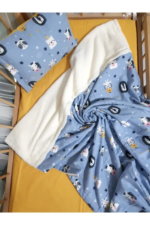 Baby Clime USP-90120-4LÜ 90X120 Pazen Uyku Seti 4'lü - Mavi Hardal (Yumuşacik Bebek Battaniyesi, Çarşaf Ve Kilifli Yastik)