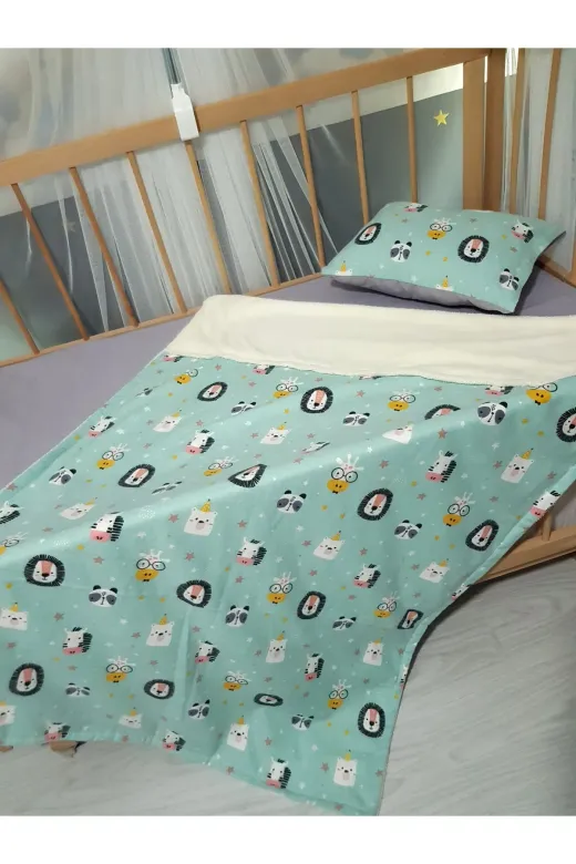 Baby Clime USP-90120-4LÜ 90X120 Pazen Uyku Seti 4'lü - Yeşil Gri (Yumuşacik Bebek Battaniyesi, Çarşaf Ve Kilifli Yastik)
