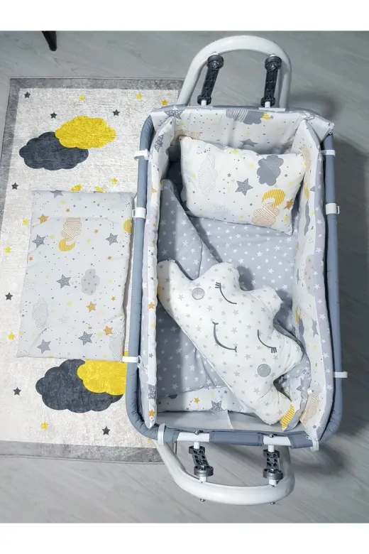 Baby Clime USR-4585-PORYIL-1. Uyku Setli 45X85 Portatif Sallanabilir Anne Yanı Beşik (Bebek Uyku Seti + Beşik)
