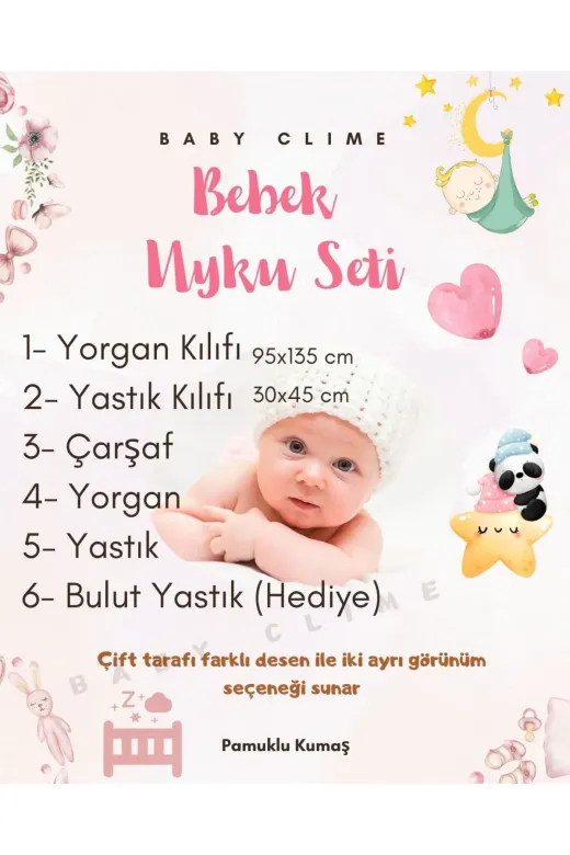 Baby Clime USR-6-90130-1. Bebek Uyku Seti - Hediye Bulut Yastıklı, Beyaz Çarşaf, Yastık, 95X135 Yorgan