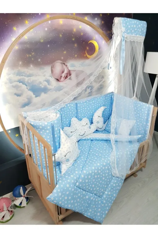 Baby Clime USR-60120-CİB-1. 60X120 Bebek Uyku Seti - Cibinlik Ve Aparat - Mavi Yıldız Desen