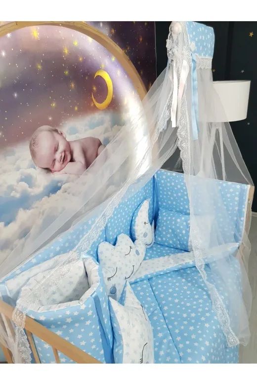 Baby Clime USR-60120-CİB-1. 60X120 Bebek Uyku Seti - Cibinlik Ve Aparat - Mavi Yıldız Desen