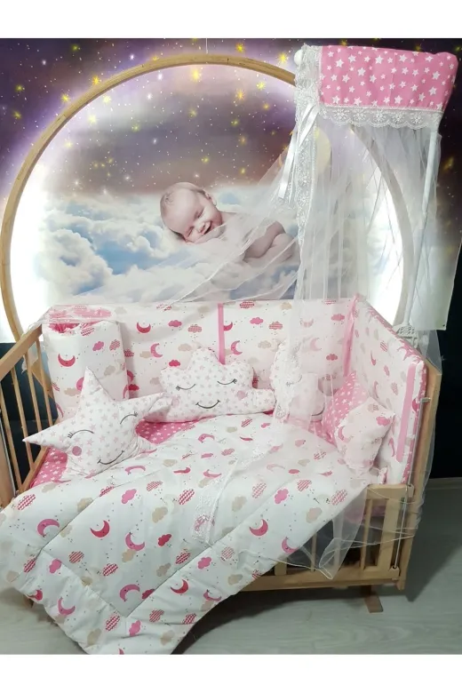 Baby Clime USR-60120-CİB-1. 60X120 Bebek Uyku Seti - Cibinlik Ve Aparat - Pembe Ay Yıldız Desen