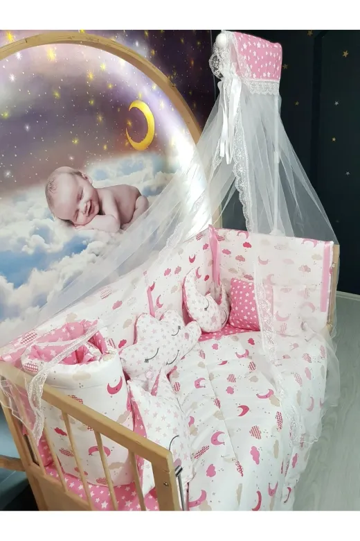 Baby Clime USR-60120-CİB-1. 60X120 Bebek Uyku Seti - Cibinlik Ve Aparat - Pembe Ay Yıldız Desen