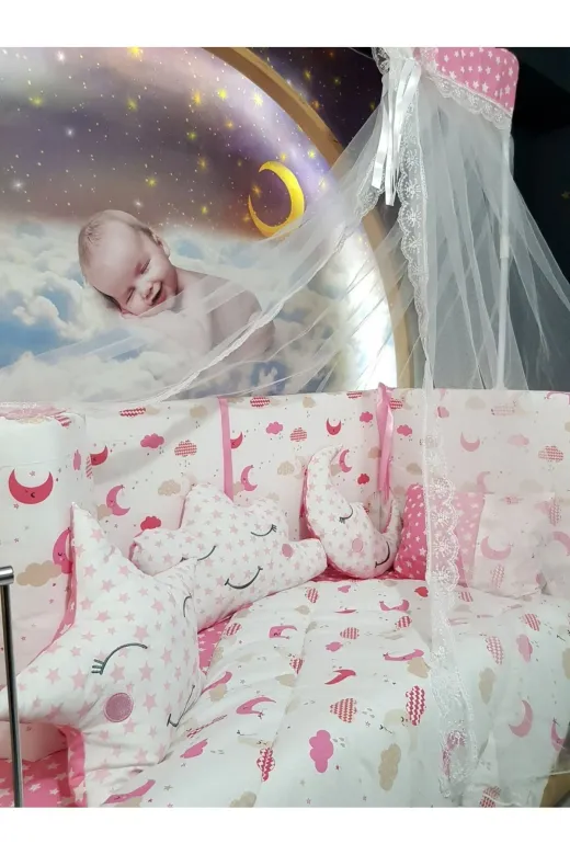 Baby Clime USR-60120-CİB-1. 60X120 Bebek Uyku Seti - Cibinlik Ve Aparat - Pembe Ay Yıldız Desen