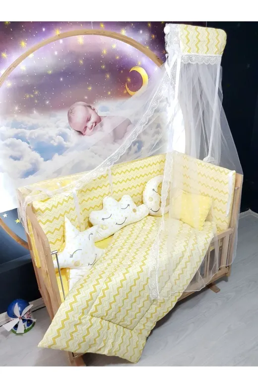 Baby Clime USR-60120-CİB-1. 60X120 Bebek Uyku Seti - Cibinlik Ve Aparat - Sarı Ince Zigzag Yıldız Desen