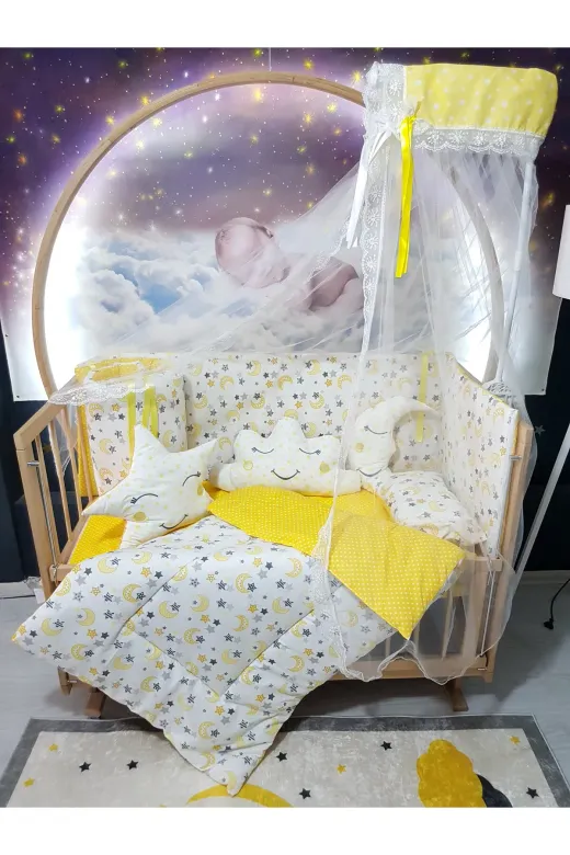 Baby Clime USR-60120-CİB-2. 60X120 Bebek Uyku Seti 12 Parça - Cibinlik Ve Aparat Dahil - Ay Yıldız Desenli