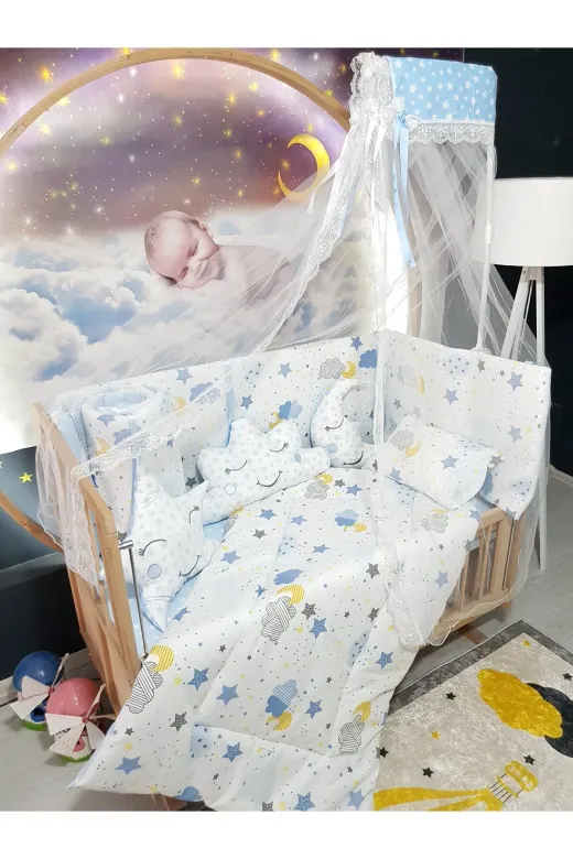 Baby Clime USR-60120-CİB-2. 60X120 Bebek Uyku Seti 12 Parça - Cibinlik Ve Aparat Dahil - Ay Bulut Yıldız