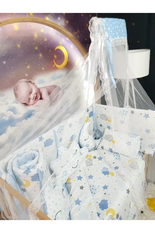 Baby Clime USR-60120-CİB-2. 60X120 Bebek Uyku Seti 12 Parça - Cibinlik Ve Aparat Dahil - Ay Bulut Yıldız