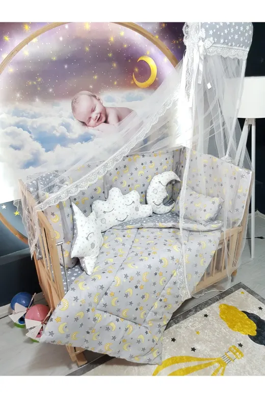 Baby Clime USR-60120-CİB-2. 60X120 Bebek Uyku Seti - Cibinlik Ve Aparatı Dahil - Ay Yıldız Desenli