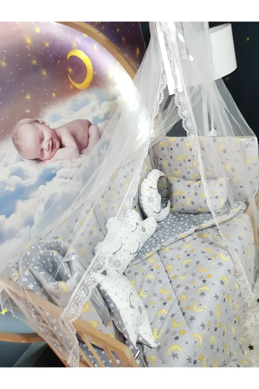 Baby Clime USR-60120-CİB-2. 60X120 Bebek Uyku Seti - Cibinlik Ve Aparatı Dahil - Ay Yıldız Desenli