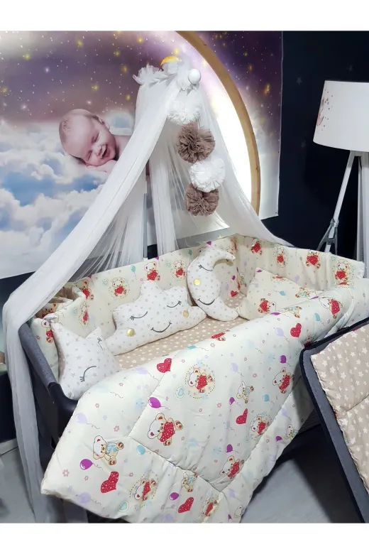 Baby Clime USR-70110-LCİB-1. 70X110 Bebek Uyku Seti - Lüks Cibinlik Ve Aparat Dahil - Ayıcık Desenli