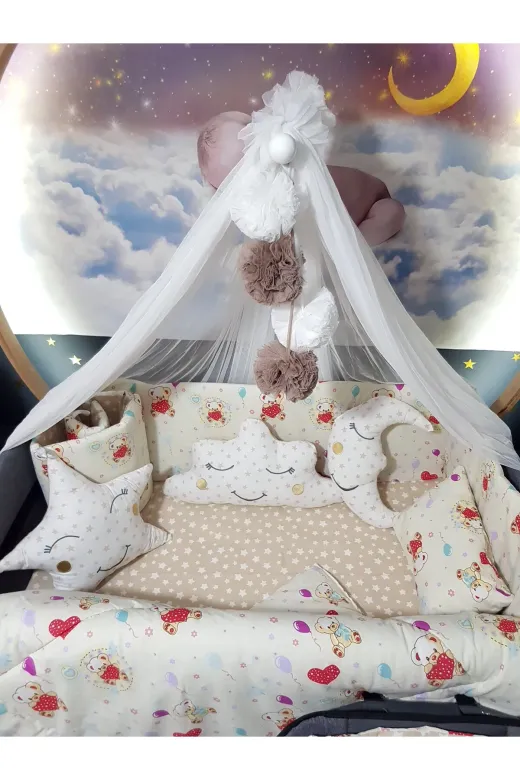 Baby Clime USR-70110-LCİB-1. 70X110 Bebek Uyku Seti - Lüks Cibinlik Ve Aparat Dahil - Ayıcık Desenli