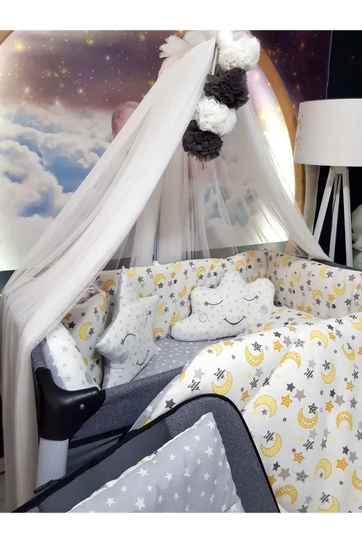 Baby Clime USR-70120-LCİB-1. 70X120 Bebek Uyku Seti - Lüks Cibinlik Ve Aparat Dahil - Ay Yıldız Desenli