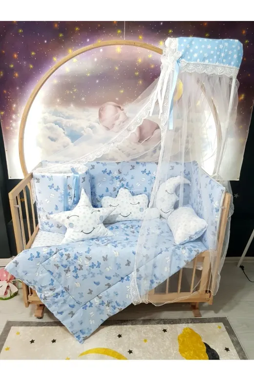 Baby Clime USR-70130-CİB-1. 70X130 Bebek Uyku Seti - Cibinlik Ve Aparat - Mavi Kelebek Yıldız Desen