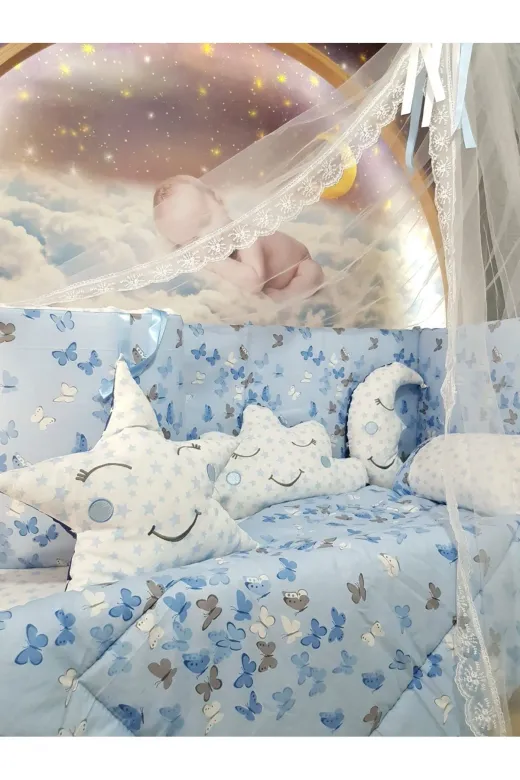 Baby Clime USR-70130-CİB-1. 70X130 Bebek Uyku Seti - Cibinlik Ve Aparat - Mavi Kelebek Yıldız Desen