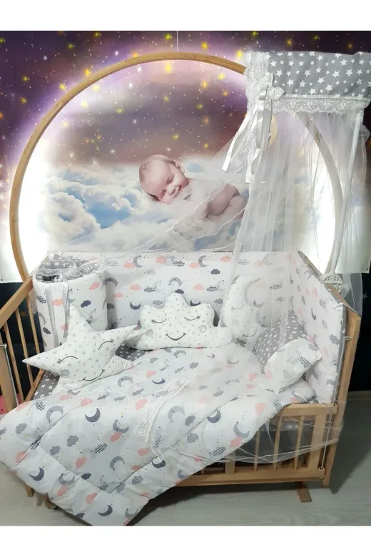Baby Clime USR-70130-CİB-1. 70X130 Bebek Uyku Seti - Cibinlik Ve Aparat - Gri Ay Yıldız Desen